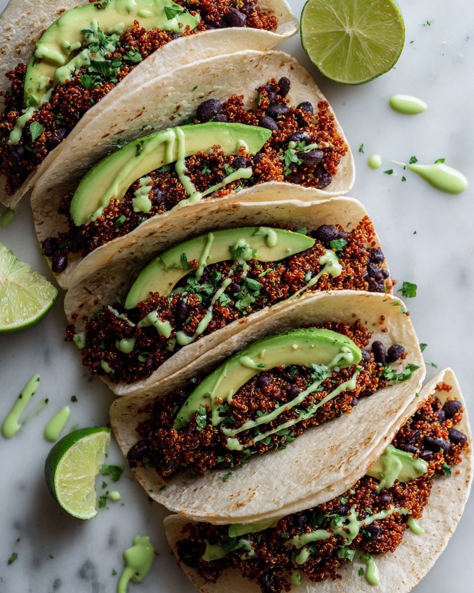 The image shows five soft white tortillas arranged on a white marbled surface, each folded gently to hold the layers inside. The bottom layer is bright green avocado slices, neatly placed on one side of each tortilla. On top of the avocado, there is a thick layer of reddish-brown quinoa mixed with black beans, creating a textured and colorful contrast. Light green sauce is drizzled over everything in thin, uneven lines. Small pieces of chopped green herbs are sprinkled on top and around the tacos. Near the tacos, there are wedges of lime placed on the surface, and some drops of the green sauce and herbs are scattered around, giving a fresh and natural look. Photo taken with an iphone --ar 4:5 --v 7