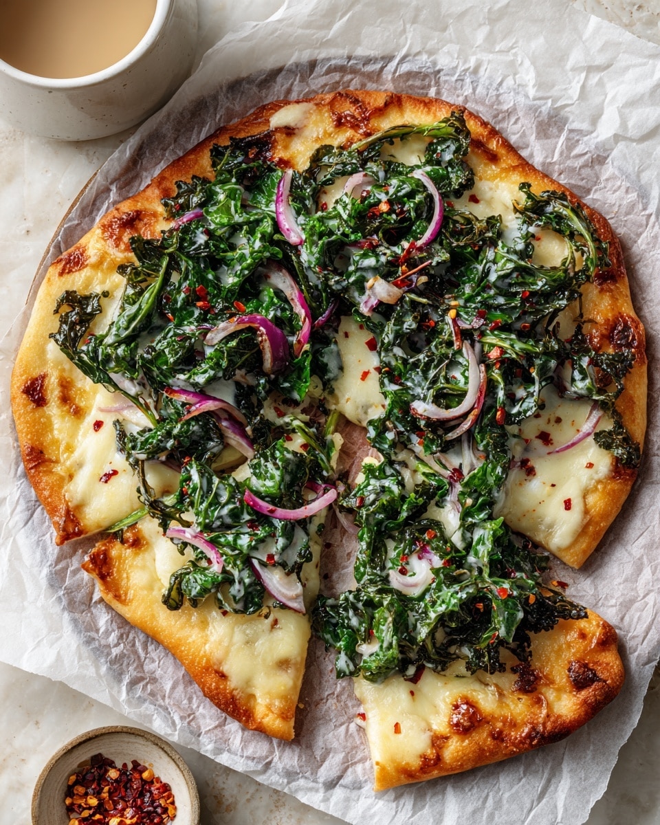 The image shows a dish with two layers on a white marbled textured surface. The bottom layer is a golden, baked flatbread with a slightly rough texture and some melted cheese edges visible. On top, there is a heap of bright green leafy kale salad mixed with thin, pale purple onion slices. The salad is coated lightly with creamy dressing, and there are small red pepper flakes sprinkled on both the salad and flatbread. The dish is presented on a crinkled parchment paper. In the lower left corner, a white cup with some sauce is partly visible, and near the bottom center, a small round bowl with red pepper flakes is visible. photo taken with an iphone --ar 4:5 --v 7