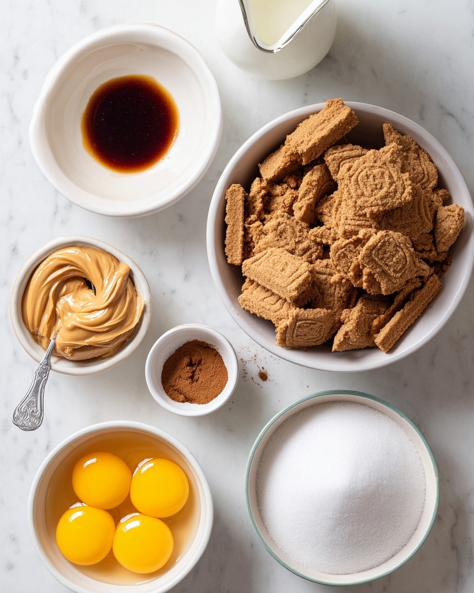The image shows several bowls with baking ingredients on a white marbled surface. In the bottom left is a white bowl with six bright yellow egg yolks, each smooth and shiny. Above it, a small white bowl holds dark brown vanilla extract with a glossy surface. To the right, a large white bowl is filled with light brown broken Lotus cookies with a crumbly texture, some pieces showing the word