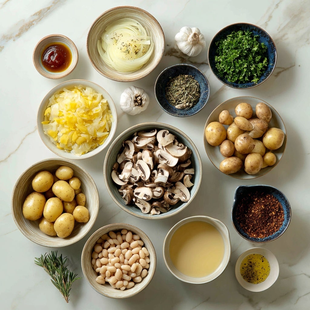 A thick creamy soup fills a red pot, showing chunks of brown mushrooms with light and dark tones, off-white beans, and a yellow potato piece, all sprinkled with small green herb bits and black pepper. The soup is light beige with a smooth texture, and a wooden spoon is lifting a portion with these ingredients visible. The background has a white marbled surface with a blurry pepper grinder and some green herb sprigs. A woman's hand holds the spoon near the edge of the pot. photo taken with an iphone --ar 4:5 --v 7