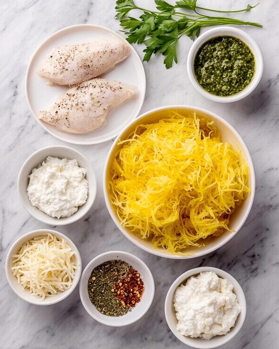 The image shows a collection of food items arranged neatly on a white marbled surface. In the center, there is a white bowl filled with bright yellow shredded spaghetti squash. Surrounding this bowl are smaller white bowls containing different ingredients: one bowl has finely shredded mozzarella cheese, another has a white creamy substance similar to ricotta or cream cheese, a third bowl holds a mixture of dry herbs and chili flakes, and a fourth has grated Parmesan cheese. On a white plate above the central bowl, there are two cooked, plain white chicken pieces lightly seasoned with black pepper. Next to that is a small white bowl of green pesto sauce. Fresh green parsley sprigs lie next to all the bowls on the marbled surface. The photo taken with an iphone --ar 4:5 --v 7