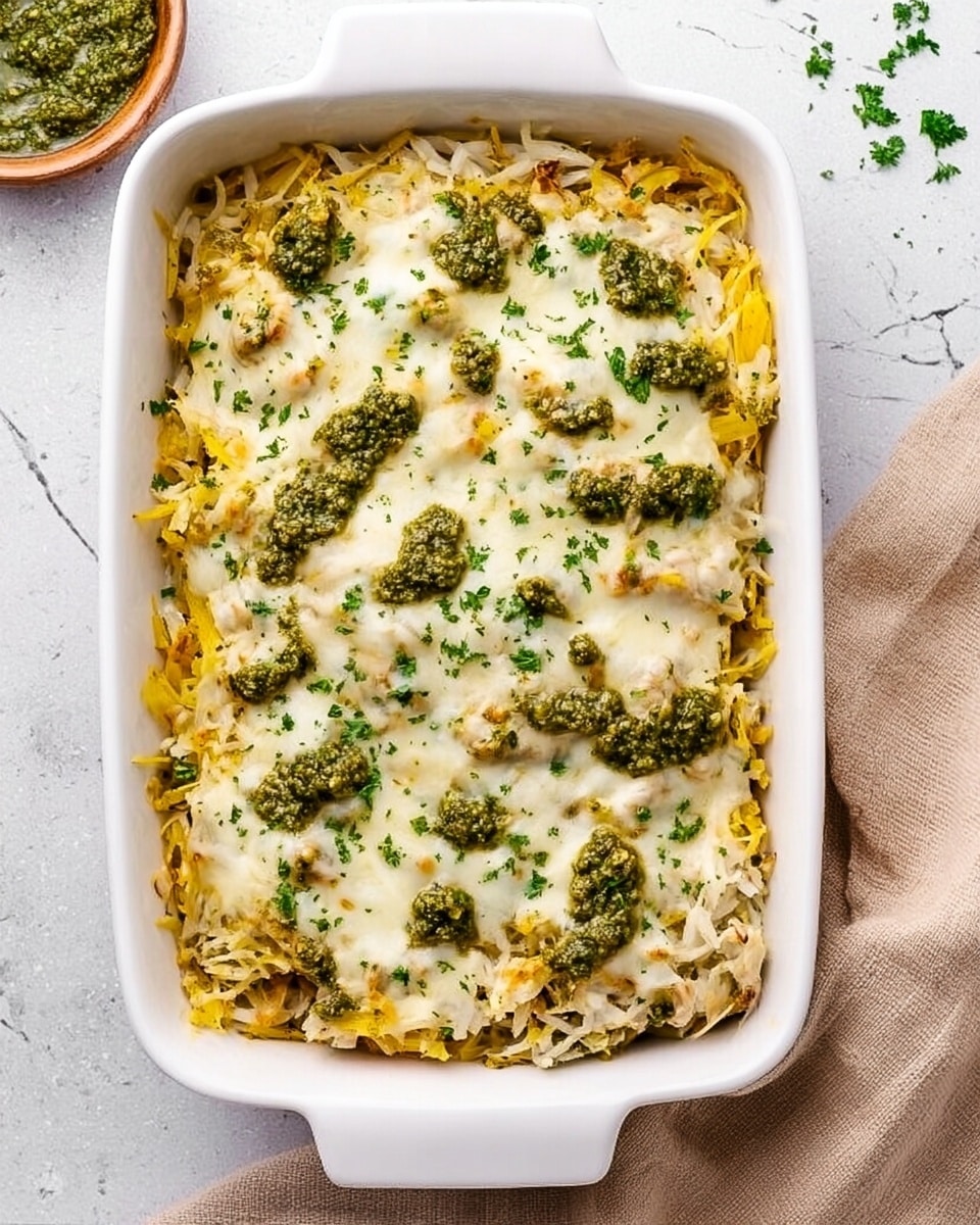 A white rectangular baking dish with a baked cheesy casserole inside, showing about two main layers; the bottom layer is shredded yellow and white ingredients that look soft and cooked, while the top layer is melted white cheese scattered unevenly with green dollops of pesto sauce spread across the surface. The dish is sprinkled with finely chopped green herbs, adding brightness. The dish is placed on a white marbled textured surface with a light beige cloth on the right edge and a small bowl of green pesto sauce partly visible at the top left corner. Photo taken with an iphone --ar 4:5 --v 7