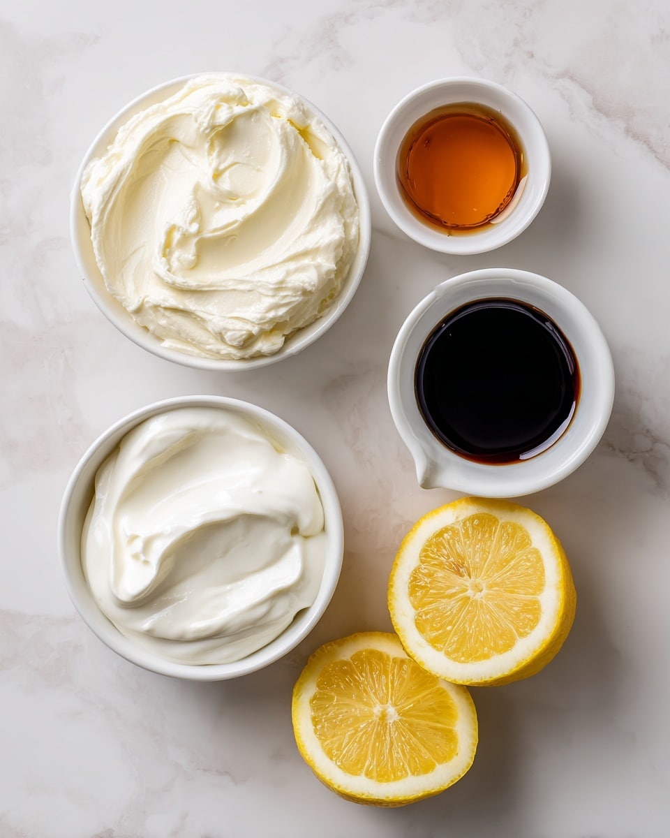 The image shows five ingredients laid out on a white marbled surface. At the top center, there is a white bowl filled with smooth, creamy white cream cheese. Below it to the left, there is a smaller white bowl containing thick, smooth Greek yogurt in white color. To the right of the Greek yogurt bowl, there are two halves of a bright yellow lemon showing the juicy interior. Below the lemon, a small white bowl holds clear vanilla, appearing transparent and light. On the right side, a white cup contains dark amber maple syrup, glossy and thick. All bowls and ingredients are neatly arranged with clean textures visible. Photo taken with an iphone --ar 4:5 --v 7