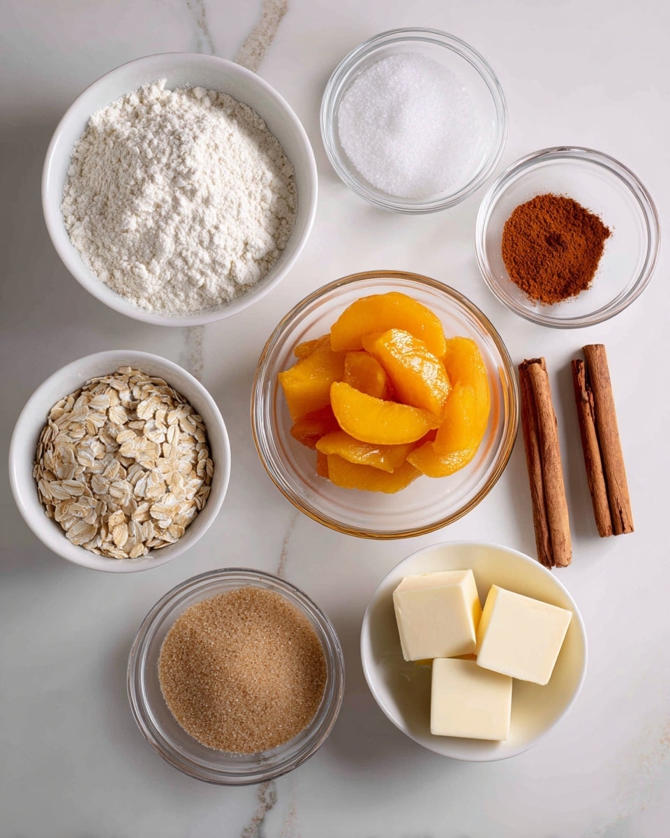 The image shows seven small white bowls placed on a white marbled surface, each holding different ingredients. Starting from the top left, the first bowl contains soft, white all-purpose flour with a slightly powdery texture. To the right, two tiny glass bowls hold white salt crystals and a heap of reddish-brown cinnamon powder next to two cinnamon sticks. Below, a medium-sized clear glass bowl in the center is filled with bright orange canned peach slices in syrup, shining and smooth. To the bottom left, a small clear bowl holds pale beige quick oats with a rough, flaky texture. Near the bottom center, another small clear bowl contains light brown sugar with a soft, grainy texture. Finally, in the bottom right, a white bowl holds a few chunks of pale yellow butter, soft and creamy-looking. photo taken with an iphone --ar 4:5 --v 7