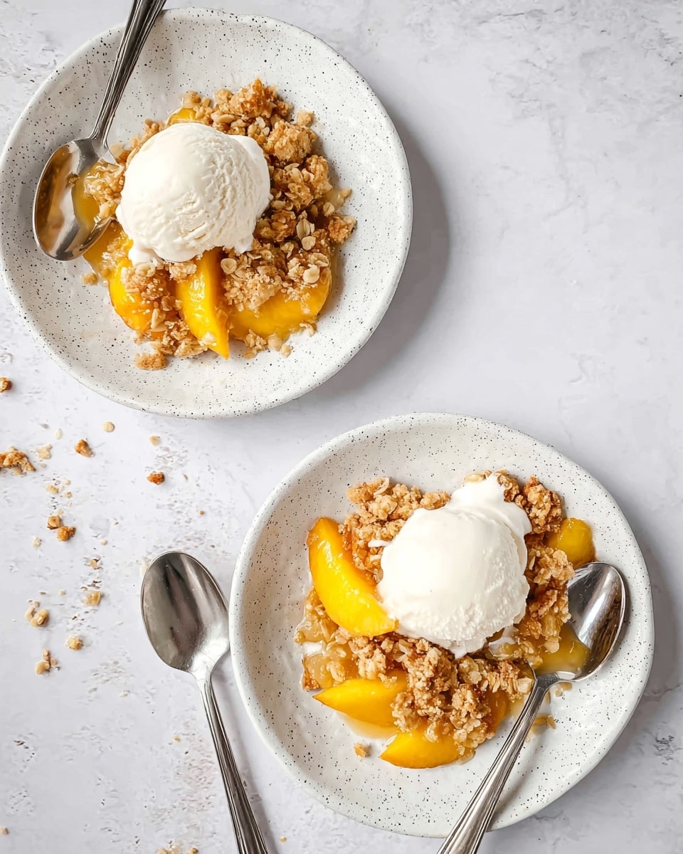 Two white speckled plates hold servings of peach crumble with a scoop of vanilla ice cream on top. Each plate has a base layer of golden yellow peach slices, covered with a crumbly topping in light brown with visible oat pieces and small nut chunks. The ice cream is creamy white and slightly melting on the warm crumble. Two silver spoons rest on the plates, one on each. The plates are placed on a white marbled surface with some small crumbs scattered around. Photo taken with an iphone --ar 4:5 --v 7