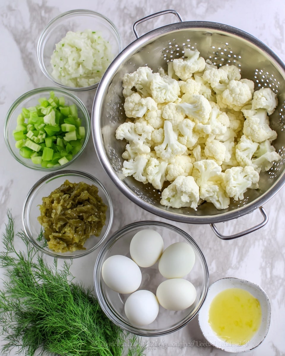 The image shows a large silver colander filled with white cauliflower florets placed to the right on a white marbled surface. To the left, there are six smaller clear and white bowls arranged neatly, each holding different ingredients: chopped celery with a green color, a white creamy sauce, a green relish, a yellow sauce, and six whole white hard-boiled eggs in a clear bowl. Fresh green dill sprigs lie at the bottom near the bowls. The setting is bright and clean with all items clearly visible. Photo taken with an iphone --ar 4:5 --v 7