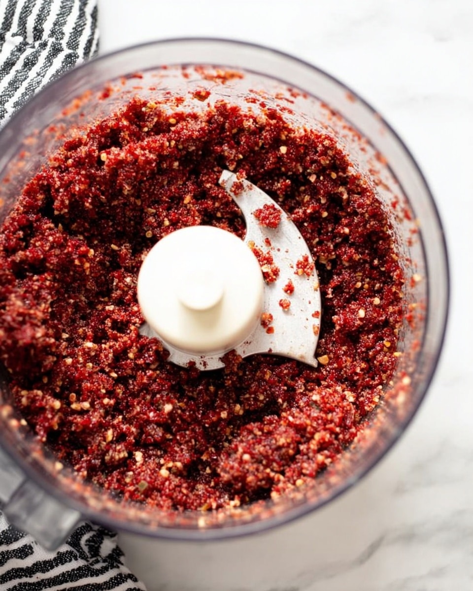The image shows a close-up view inside a transparent food processor bowl filled with a coarse, chunky mixture. The mixture is mainly deep red with visible bits of white and light brown specks mixed throughout, giving it a textured look. At the center, a white blade is partially covered in the mixture. The food processor bowl sits on a white marbled surface, and there is a black and white striped cloth partly visible on the left side. photo taken with an iphone --ar 4:5 --v 7