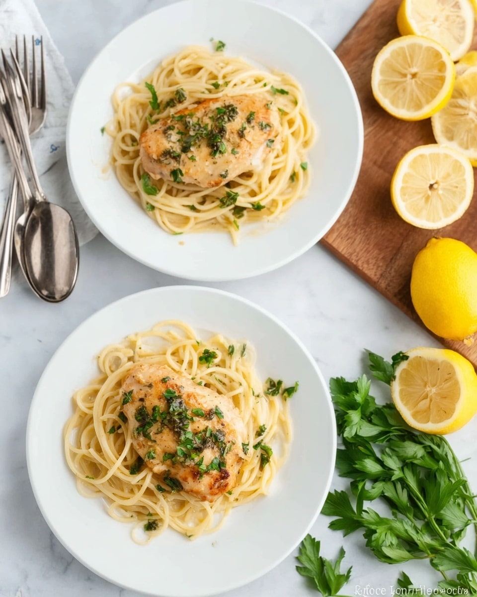 Two white plates on a white marbled surface each hold a serving of spaghetti pasta topped with a golden-brown cooked chicken piece. The chicken is covered by a light creamy sauce and sprinkled with small green parsley pieces. On the top right, there is a wooden board with halved lemon slices, and whole lemon slices are placed beside the lower right plate along with fresh green parsley. To the left, there are stacked silver spoons. The scene is bright and clean, showing a simple, fresh meal. Photo taken with an iphone --ar 4:5 --v 7