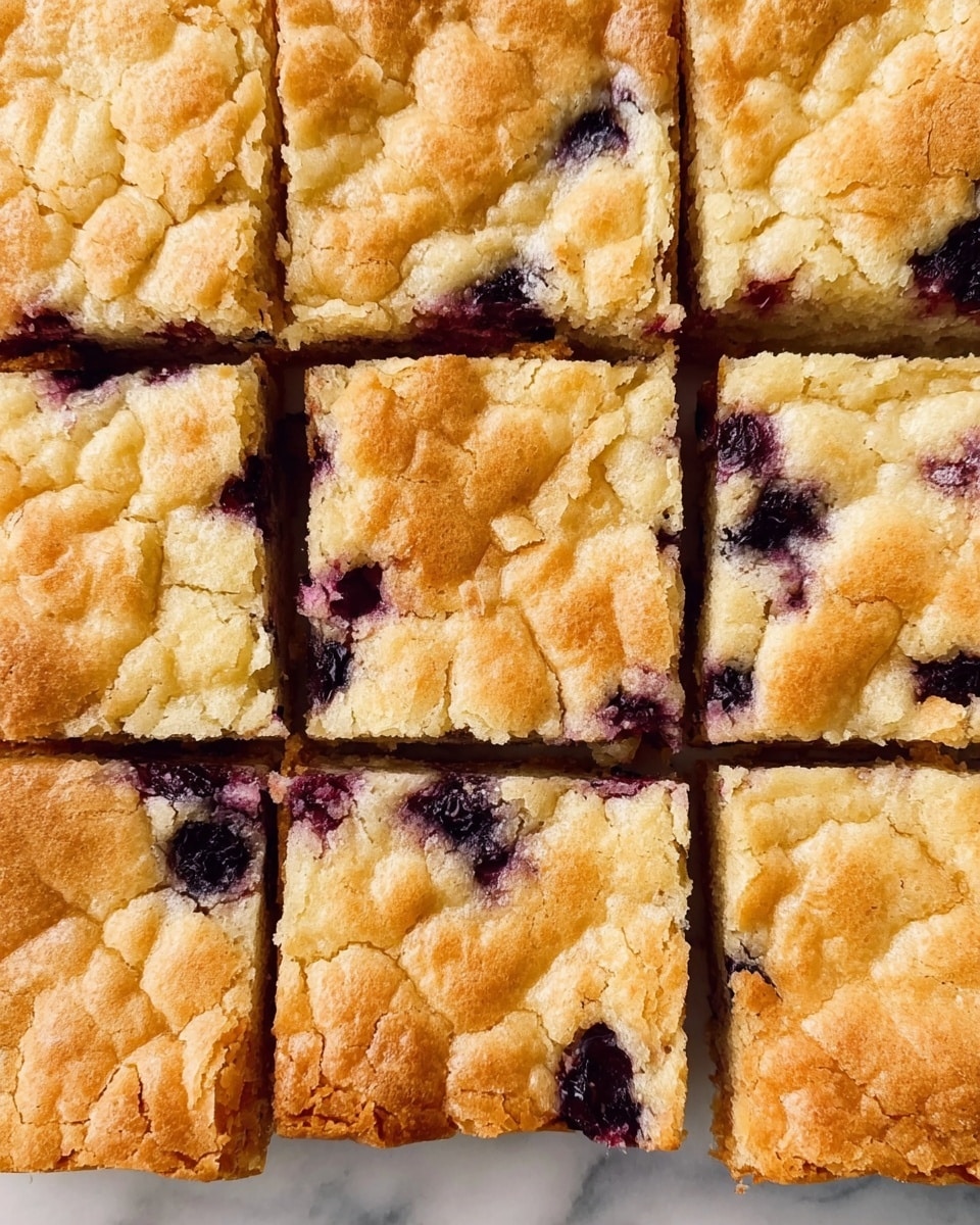 This image shows a close-up view of a baked dessert cut into small square pieces arranged in a grid. Each piece has a golden-brown cracked top layer with a slightly glossy texture, showing an uneven surface with light ridges. Inside, there are visible dark spots of berries that add small dark purple and black color breaks throughout the creamy beige to light tan base layer. The dessert looks soft and moist inside with a slightly firm crust on top. The entire dessert is placed on a white marbled surface. Photo taken with an iphone --ar 4:5 --v 7