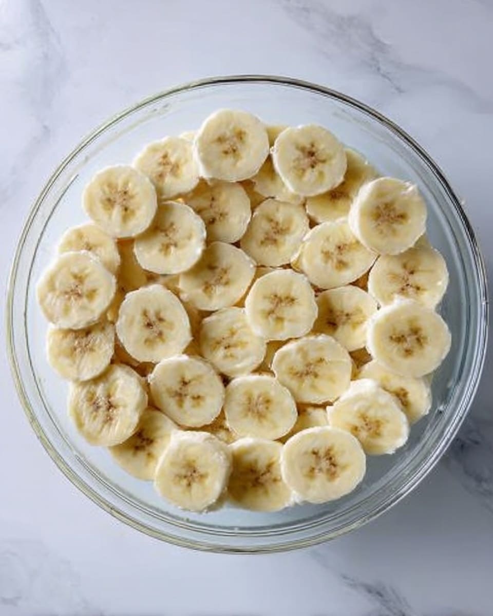 A clear glass bowl placed on a white marbled surface, filled with evenly sliced banana rounds arranged in a single layer covering the entire bottom of the bowl, showing smooth, creamy yellow slices with small brown spots in the center, creating a neat, circular pattern. Photo taken with an iphone --ar 4:5 --v 7