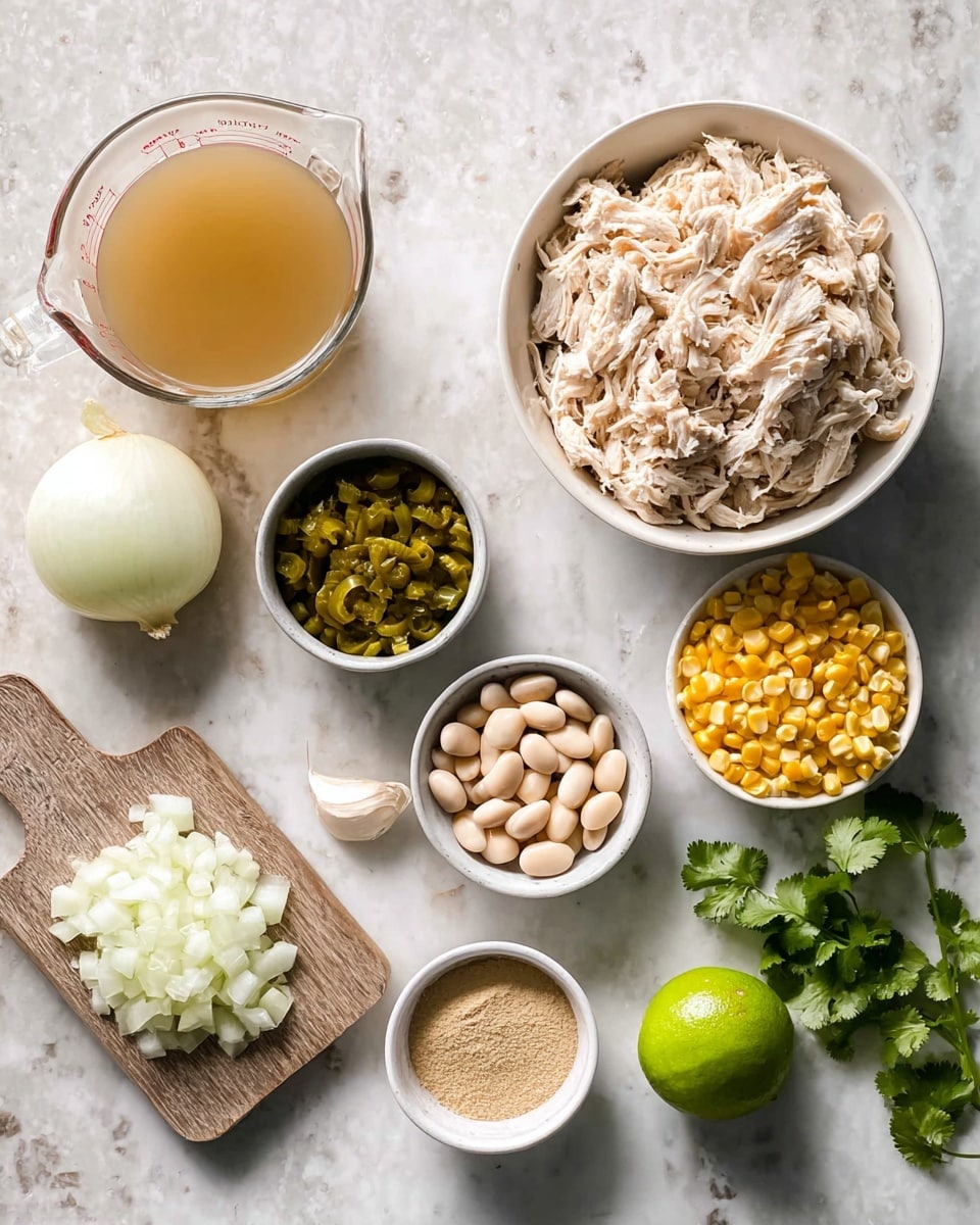 A top view of food ingredients on a white marbled surface, including a large white bowl filled with light brown shredded chicken in the upper right; to the left, a clear measuring cup with light brown broth; a small white bowl with chopped green pickled peppers below it; a wooden board at bottom left with chopped white onions and a whole yellow onion; a small bowl with light brown powder in the center; a small bowl of pale beige beans below it; two garlic cloves near the beans; a small white bowl with yellow corn to the right of the chicken; and a green lime on the bottom right, with some green cilantro leaves near the top center, photo taken with an iphone --ar 4:5 --v 7