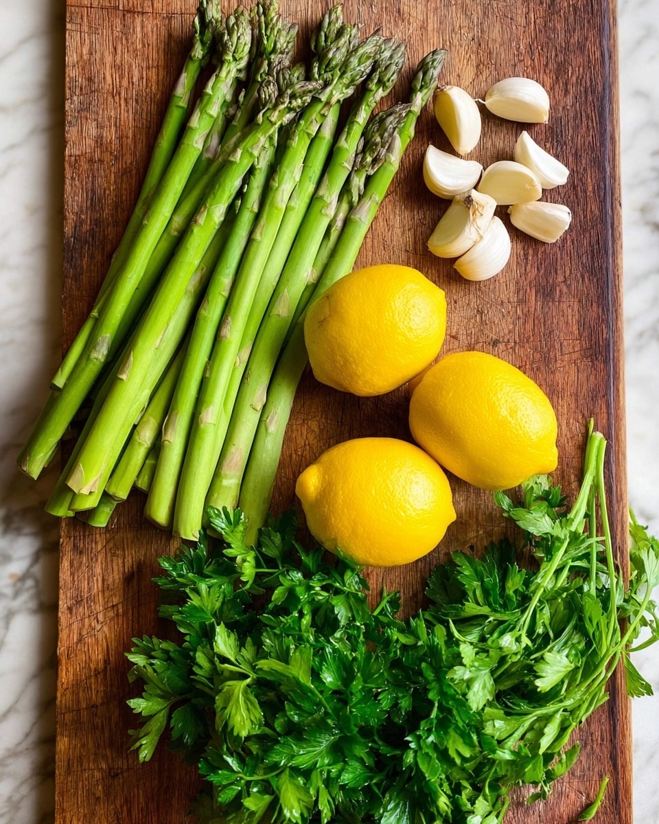 The image shows a wooden board with fresh green asparagus stalks arranged in a bunch on the top left. Near the top right, there are several peeled garlic cloves placed together. Below the garlic, three bright yellow lemons are grouped close, with shiny, smooth skins. At the bottom left of the board, fresh green parsley sprigs with leafy textures are spread out loosely. The whole scene is on a white marbled surface. photo taken with an iphone --ar 4:5 --v 7