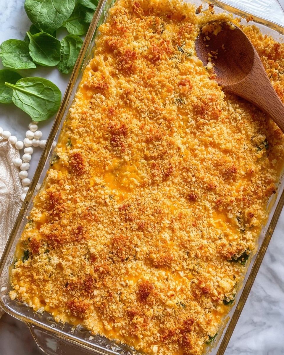 The dish is placed on a white square plate with rounded edges, filled with a golden-brown baked pasta mix with a crispy, crumbly topping. The layers show a mix of creamy yellow pasta, bright green peas, and small bits of cooked onion and spinach scattered evenly, giving a colorful texture. The top layer is crunchy and browned, with a rough texture from the toasted crumbs. The plate sits on a white marbled surface, and there is a silver fork on the right edge of the plate. Photo taken with an iphone --ar 4:5 --v 7