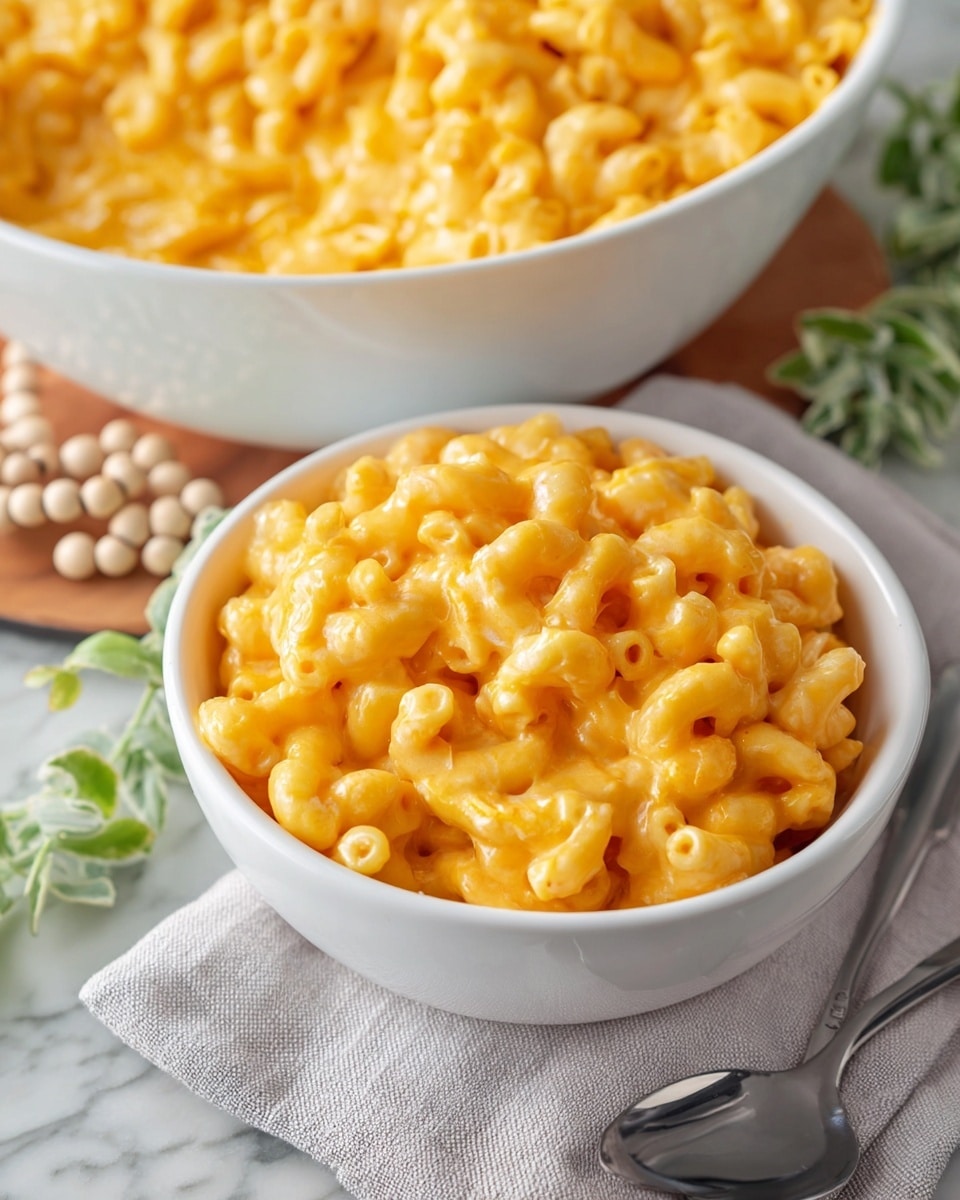 A white bowl filled with creamy, orange-yellow macaroni and cheese, the macaroni shaped like small curved tubes coated in a smooth, cheesy sauce with small cheese clumps mixed in. Behind it, a large white serving bowl holds more of the same macaroni and cheese. The bowls rest on a light gray cloth with a white marbled surface underneath, small green leaves and light wooden beads are placed nearby. A shiny metal spoon is placed beside the small bowl. The photo taken with an iphone --ar 4:5 --v 7