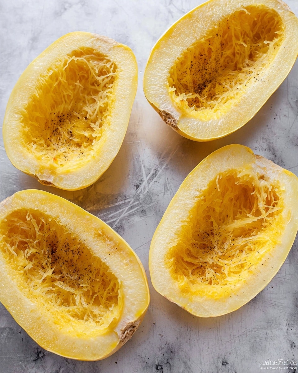 Four halves of a pale yellow spaghetti squash are placed open-side up on a scratched silver surface, each with the center strands scraped out but still visible inside, with some black pepper sprinkled on the flesh. The inner strands are stringy and golden yellow, contrasting with the smoother pale outer walls of the squash. The background is a white marbled texture. Photo taken with an iphone --ar 4:5 --v 7