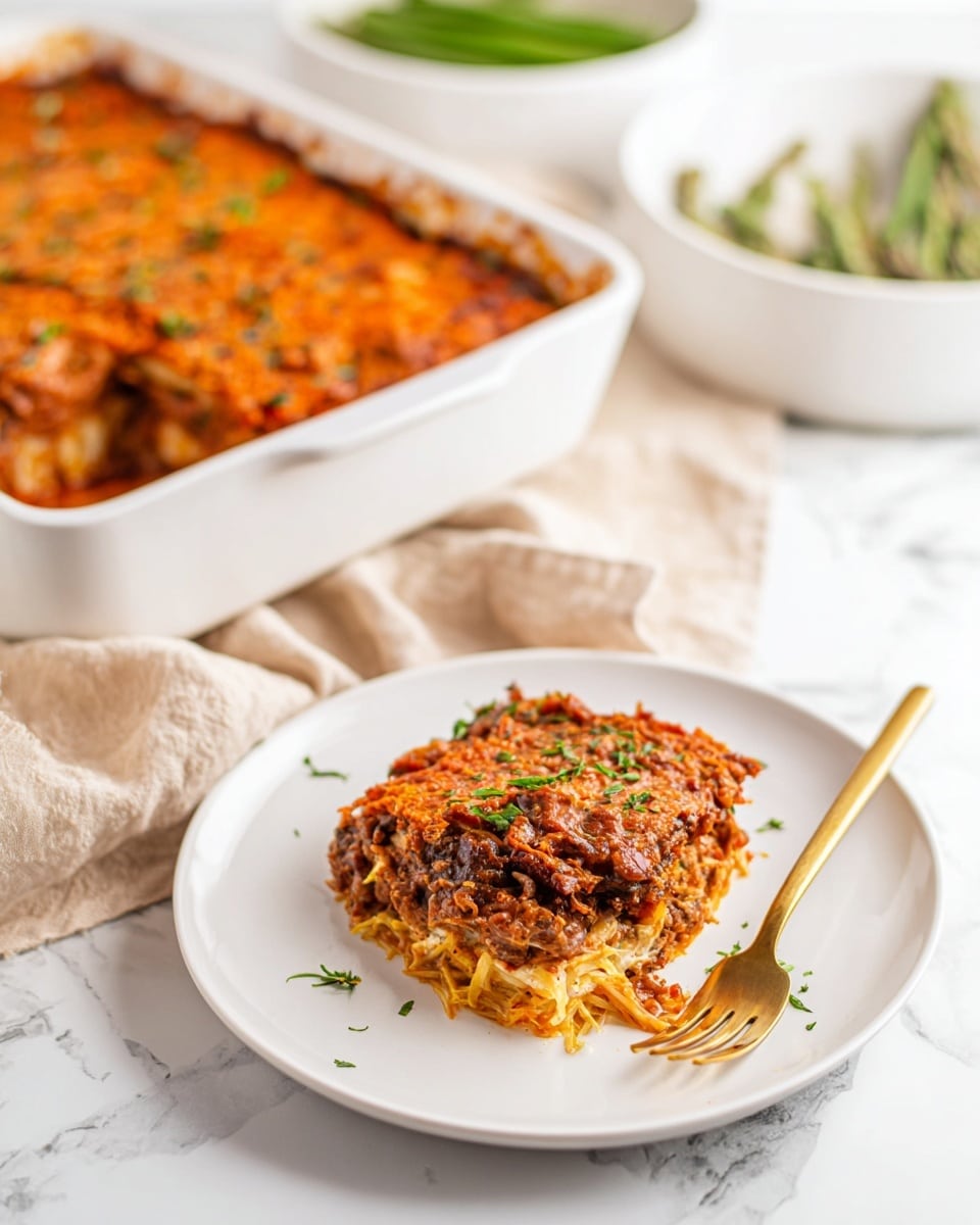 The image shows a white plate with a serving of a baked layered dish with three main layers. The bottom layer is soft and slightly saucy, light orange in color. The middle layer is chunky, with dark brown and red bits, mixed with shredded light yellow strands. The top layer is a browned, baked surface with scattered green herb bits. Next to the plate is a gold fork. Behind the plate, there is a white baking dish filled with the same layered dish, with a textured orange-brown baked top layer and green herbs sprinkled. The scene is set on a white marbled surface with a beige cloth and green vegetables in another white bowl in the background. Photo taken with an iphone --ar 4:5 --v 7