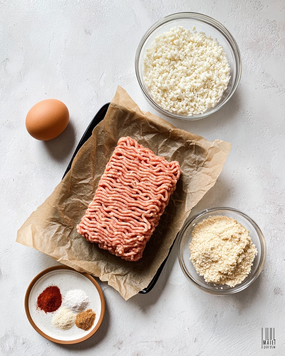 The image shows raw ground meat shaped in a wavy rectangular block, placed on crumpled brown parchment paper on a black tray at the center on a white marbled surface. Above it, there is a clear glass bowl filled with small white granules that look like cauliflower rice. Below to the right, another clear glass bowl contains light beige breadcrumbs. To the left, a single brown egg sits directly on the surface. Below the egg, a small white and brown round plate holds four spice powders of different colors: white, red, light brown, and pale yellow, neatly separated in sections. The whole scene is well lit, with soft shadows. Photo taken with an iphone --ar 4:5 --v 7