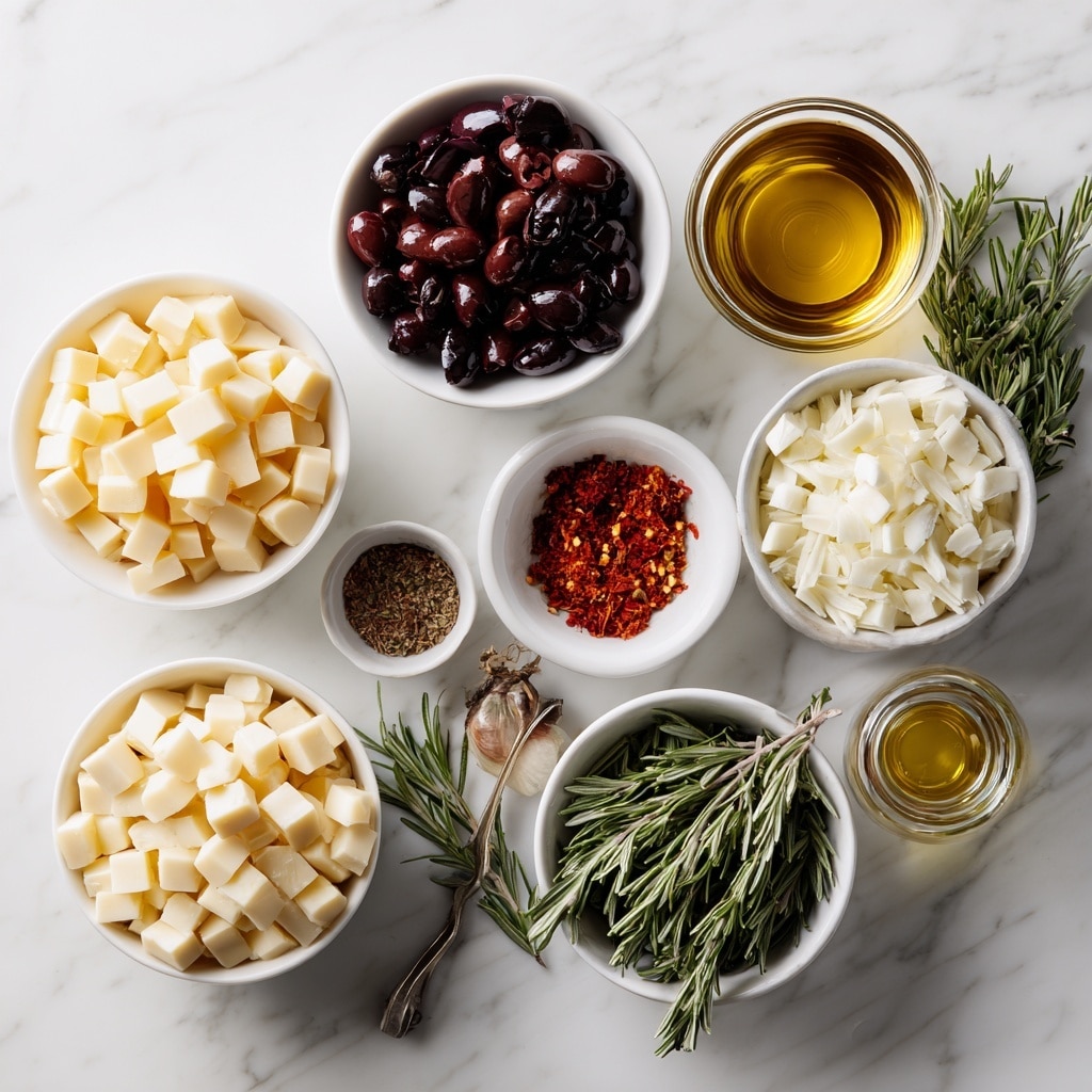 A white bowl filled with a mixture of small white and light orange cheese cubes, dark purple olives, whole small white garlic cloves, and green sprigs of rosemary scattered throughout. The cheese cubes appear soft and slightly seasoned with a light sprinkle of herbs and spices. The olives have a shiny texture, contrasting with the matte finish of the cheese. The bowl sits on a white marbled surface with blurred background elements. The image looks bright and fresh, showcasing the mix in a casual and inviting way. Photo taken with an iphone --ar 4:5 --v 7
