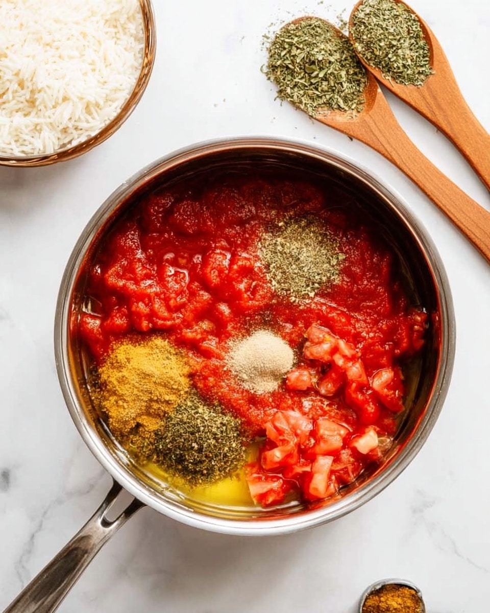 A stainless steel pot filled with a thick layer of orange-red cooked rice mixed with small red tomato pieces, showing a moist and slightly chunky texture. The rice grains are separate and glisten with light oil or sauce. A silver fork is partially inserted into the rice at the bottom right area, resting inside the pot. The pot is placed on a dark blue cloth with a white geometric pattern, and the entire scene rests on a white marbled surface. photo taken with an iphone --ar 4:5 --v 7