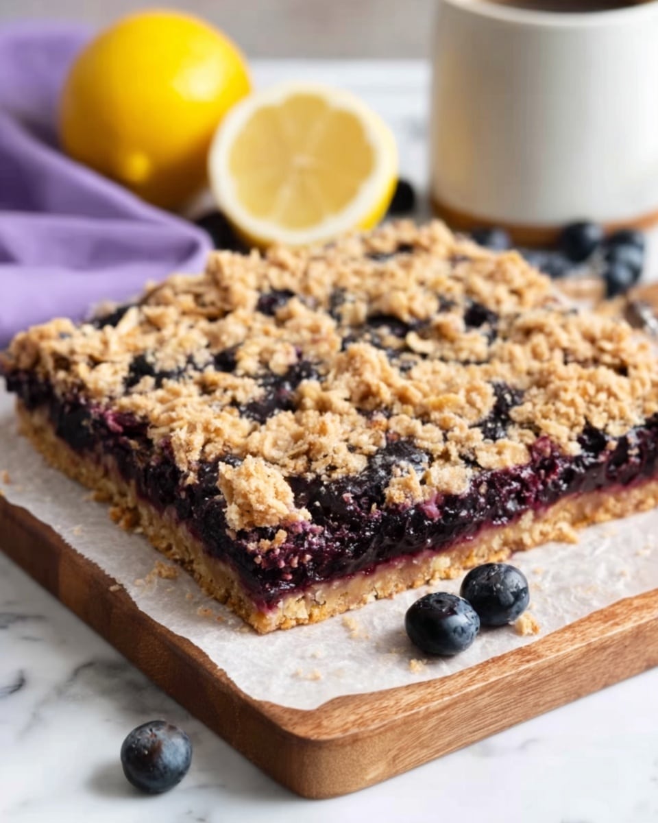 A square dessert bar on wax paper over a wooden board on a white marbled surface, made of three layers: the bottom layer is a light golden crust, the middle layer is a thick dark purple blueberry filling, and the top layer is a chunky golden oat crumble with some blueberries peeking through. There is a half lemon and a purple cloth in the background along with a white cup. photo taken with an iphone --ar 4:5 --v 7
