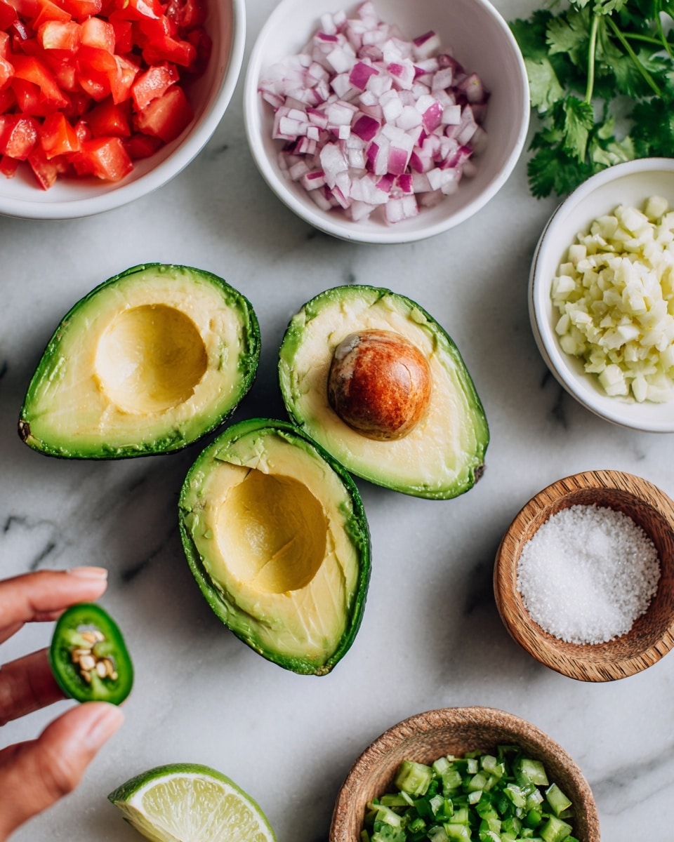 The image shows three halved avocados with bright green, smooth flesh and brown seeds set on a white marbled surface. Around the avocados are small white bowls filled with chopped red tomatoes, coarsely chopped green cilantro, minced garlic with a pale yellow color, finely chopped red onions, and small chopped green jalapenos. There is also a small beige bowl with coarse white chipotle salt. A half lime with a light green interior and a wooden citrus juicer rest in the bottom right corner. A woman's hand is holding a sliced jalapeno pepper in the lower left corner, showing its shiny green skin and seeds inside. Fresh cilantro leaves add a touch of vivid green to the scene. Photo taken with an iphone --ar 4:5 --v 7
