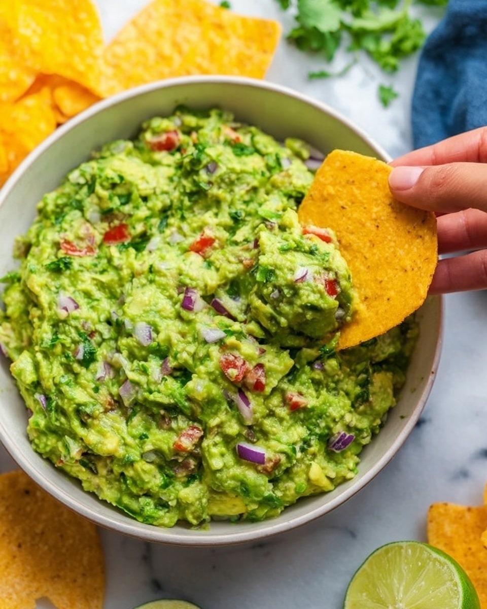 A white bowl filled with chunky green guacamole that has small pieces of red tomato and purple onion mixed in, giving it a colorful, textured look. Several round yellow tortilla chips with a rough texture are placed in and on the side of the guacamole. A woman's hand is holding one chip dipping into the guacamole. The background is a white marbled surface with lime wedges and some green leafy herbs partially visible nearby. Photo taken with an iphone --ar 4:5 --v 7