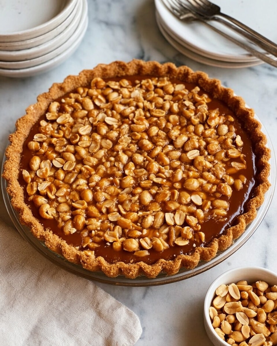 A close-up view of a round pie on a white marbled surface. The pie has a thick, golden-brown crust with a crimped edge all around. The top layer is a smooth caramel-colored filling covered densely with whole peanuts, creating a bumpy texture over the surface. The pie sits on a clear glass plate, surrounded by white bowls stacked on the top left and a small white bowl filled with peanuts at the bottom right. Two silver forks lie near the top right edge of the pie. Photo taken with an iphone --ar 4:5 --v 7