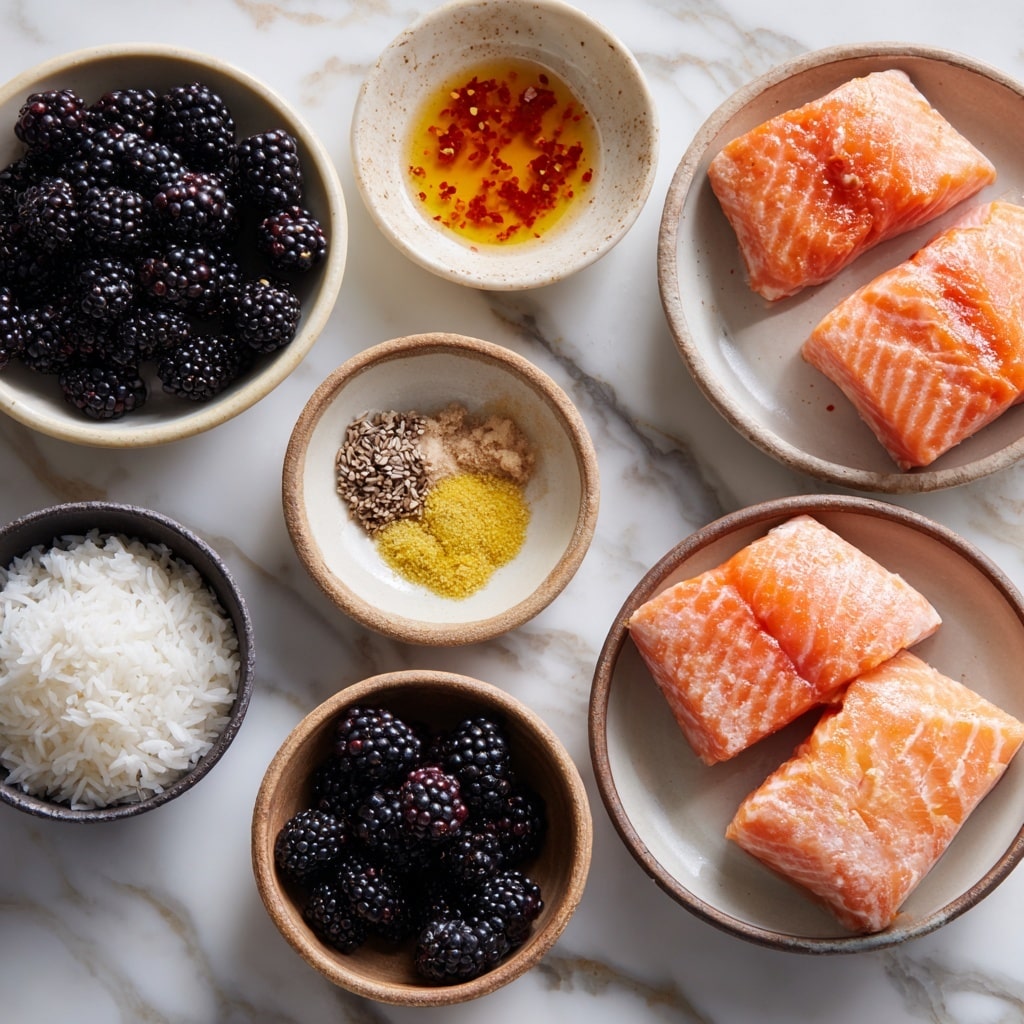 The image shows a white square plate with a grilled piece of salmon in the center, marked with dark grill lines and topped with a thick, glossy red berry sauce that drips slightly onto the plate. There are two whole blackberries at the bottom right corner of the salmon. Behind the salmon, there is a layer of bright green grilled asparagus spears laid horizontally. The plate rests on a white marbled surface. Photo taken with an iphone --ar 4:5 --v 7
