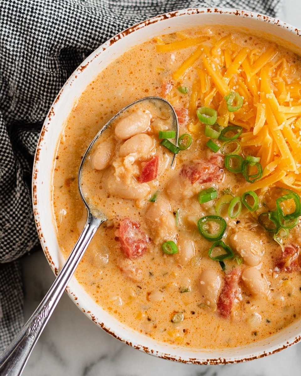 The image shows a bowl of thick creamy soup with chunks of white beans and red tomatoes in it. The soup is an orange-beige color with some small bits of green onions on top. There is a layer of shredded yellow cheddar cheese on one side of the bowl. A silver spoon holding a scoop of the soup is placed inside the bowl. The bowl is white with worn brown edges, set on a white marbled surface next to a black and white checkered napkin. photo taken with an iphone --ar 4:5 --v 7