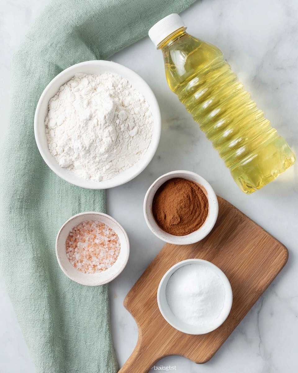 The image shows five small white bowls arranged neatly on a white marbled surface. The largest bowl at the left contains white flour with a soft, powdery texture. Next to it on the right is a white bowl with pink salt, appearing finely ground. Below these, on a small wooden cutting board, are three more bowls: one with brown cinnamon powder with a smooth, velvety texture; another with white sugar crystals that look fine and granular; and the last holding white baking powder which appears light and powdery. Above all the bowls is a clear plastic bottle filled with light yellow oil, lying on a light green cloth. Photo taken with an iphone --ar 4:5 --v 7