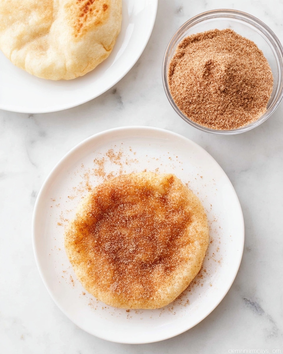 A round, light golden fried dough sits on a white plate, covered with a thin layer of cinnamon sugar that gives it a grainy, sparkly texture. Above it, a glass bowl filled with a loose brown cinnamon sugar mix rests on a white marbled surface. To the upper left, another plain fried dough without cinnamon sugar lies on a white plate, showing a soft, slightly puffy texture with small air pockets. The whole scene is set on a white marbled background. photo taken with an iphone --ar 4:5 --v 7