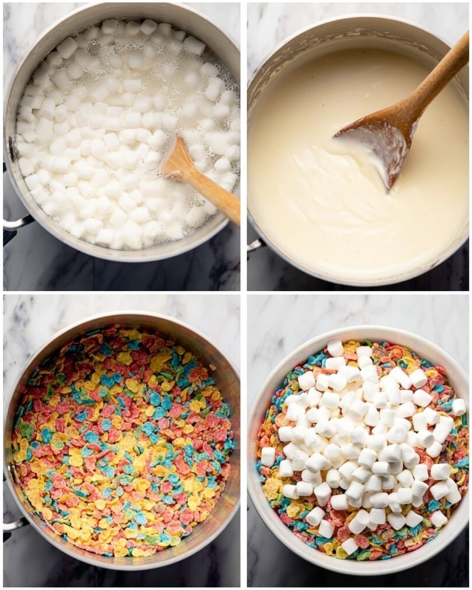Four images show the steps to make a colorful treat. The first image shows a pot filled with small white marshmallows melting and bubbling, with a wooden spoon stirring them. The second image shows the melted marshmallows mixed into a smooth, light cream-colored liquid with the wooden spoon resting inside. The third image shows the creamy mixture combined with a big pile of colorful cereal pieces, with the wooden spoon mixing them together, creating a bright, multicolored texture. The fourth image shows a white bowl filled with the colorful cereal mixture, topped with a large amount of small white marshmallows ready to be mixed in, all set on a white marbled background. Photo taken with an iphone --ar 4:5 --v 7