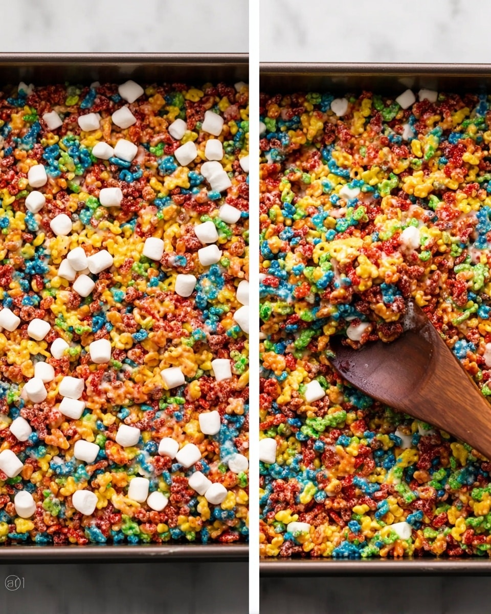 The image shows a close-up of a large pan filled with a colorful, mixed snack bar mixture being stirred with a wooden spoon. The mixture has three main layers visually fused: a base layer of bright, crispy, multicolored cereal mostly consisting of rounded grains in red, blue, green, yellow, and orange; scattered small white marshmallows giving a soft white contrast that looks smooth and pillowy; and a sticky, slightly shiny coating holding everything together, with textures showing small clumps and slight melting. The wooden spoon is deep brown and smooth, positioned in the middle-right side of the pan, stirring the mix, and the pan has a dark interior. In the background, there is a white marbled surface. photo taken with an iphone --ar 4:5 --v 7