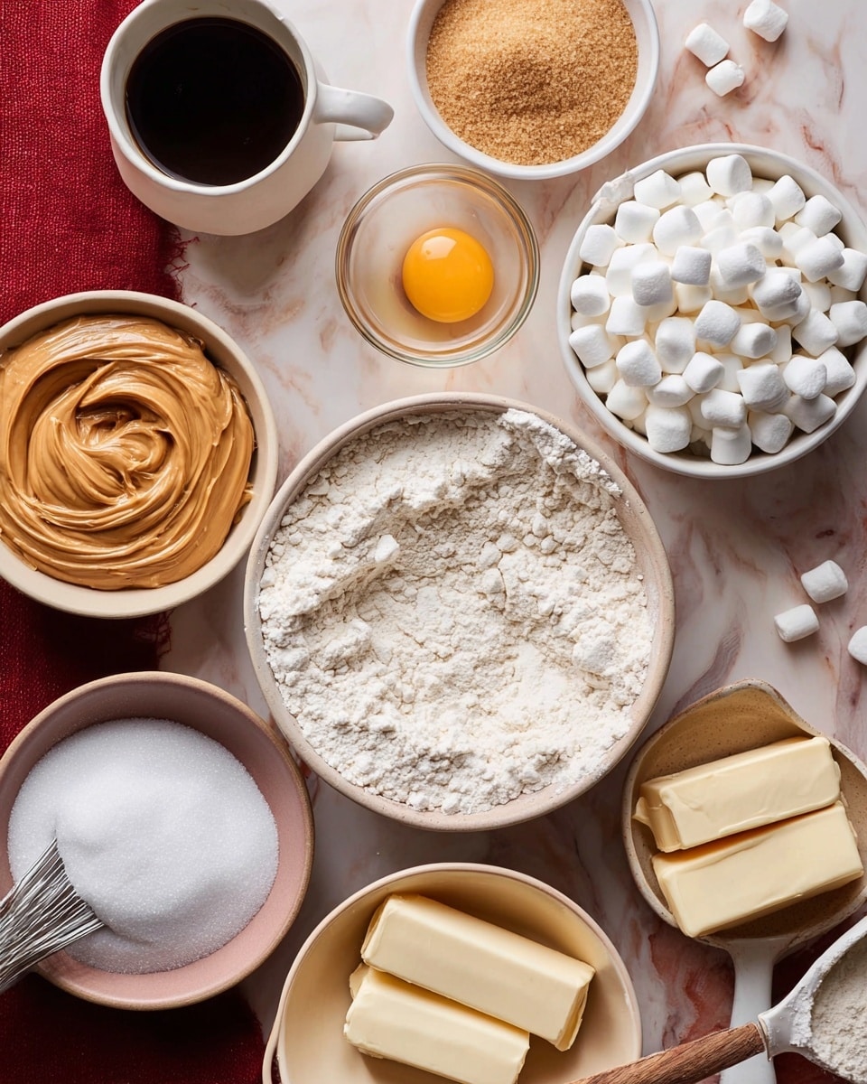 The image shows various baking ingredients arranged on a white marbled surface. In the center, there is a bowl of flour with a slightly coarse texture and bright white color. Above it, to the right, a white bowl is filled with small white marshmallows, fluffy and round. To the left of the flour is a bowl of smooth peanut butter with a creamy caramel-brown tone and swirled texture. Above the peanut butter is a small glass bowl holding a cracked egg with a clear white and bright yellow yolk. Next to the egg bowl is a bowl filled with light brown packed sugar crystals. To the far left, a white cup holds a dark liquid, likely coffee or vanilla, with a slight shine on the surface. Below it is a small pile of white granulated sugar in a white ceramic bowl with handles. On the lower right side, two sticks of pale yellow butter rest on an open wrapper, showing a soft texture with folds. A whisk with a wooden handle lies horizontally near the bottom, partially inside a large empty beige bowl, ready for mixing. The background appears as a red textured fabric alongside the white marble surface. Photo taken with an iphone --ar 4:5 --v 7