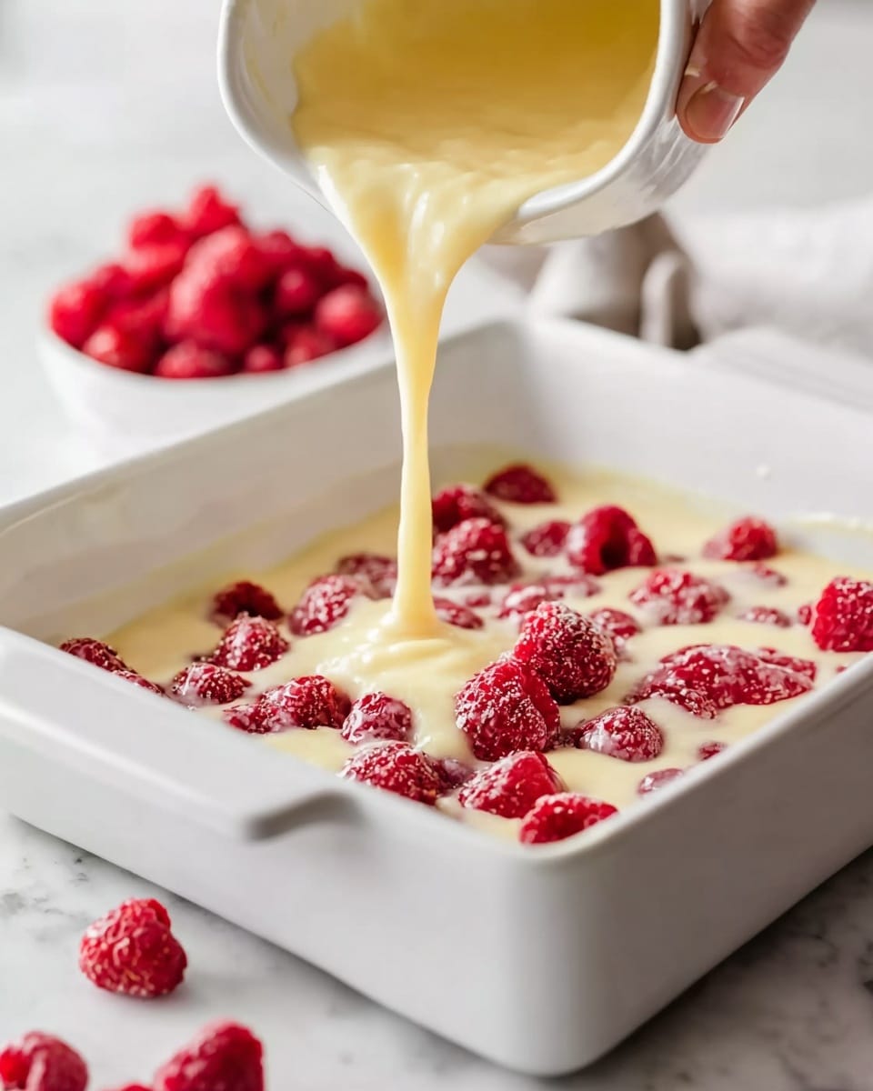 The image shows a white square baking dish with a layer of red raspberries spread evenly on the bottom. Creamy yellow batter is being poured over the raspberries, partly covering them while some berries peek through. The batter has a smooth texture and is flowing from a white pitcher held by a woman's hand. The dish is placed on a white marbled surface, with a blurred bowl of additional raspberries in the background. Photo taken with an iphone --ar 4:5 --v 7