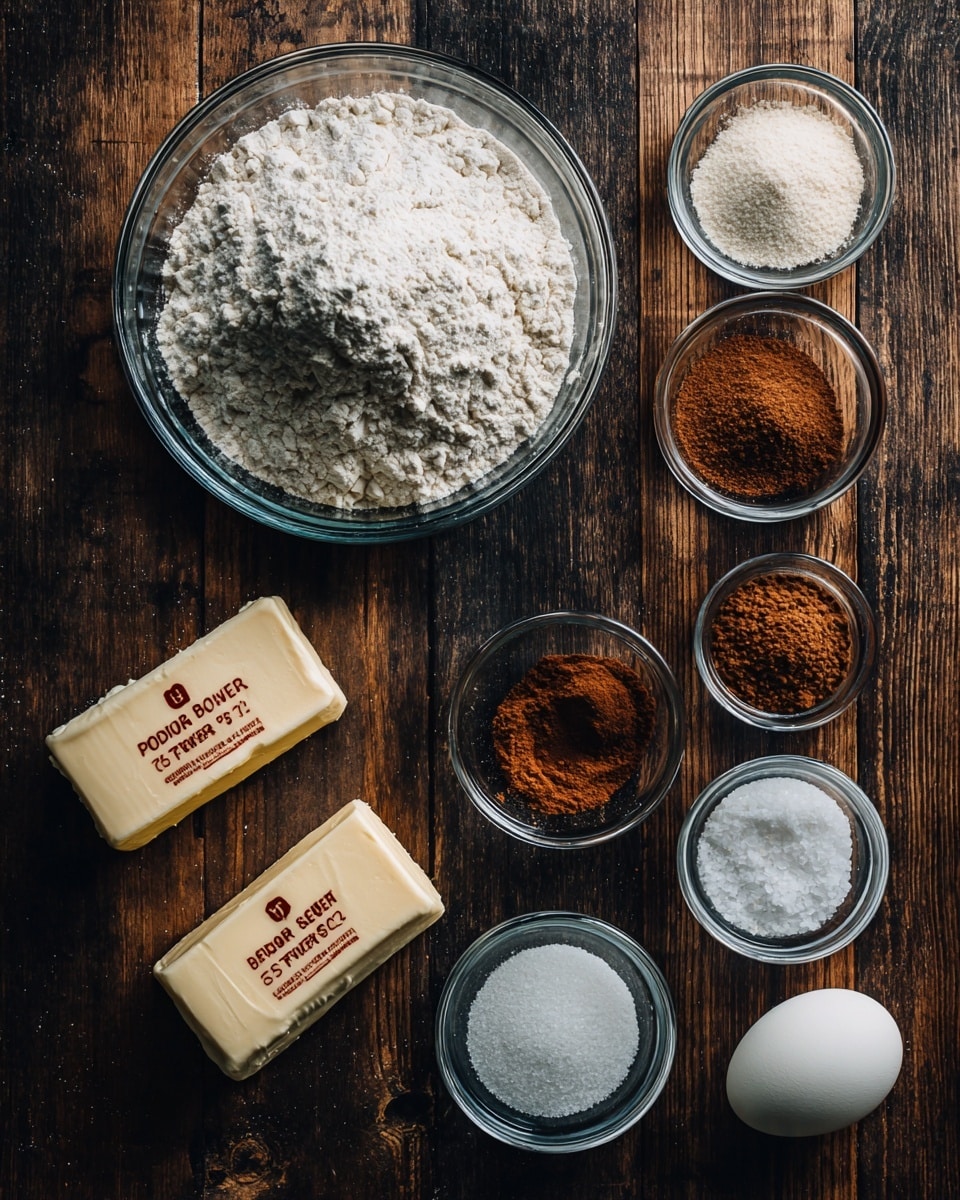 A top-down view of baking ingredients arranged neatly on a dark wooden surface. At the top center is a clear glass bowl filled with white flour. Two sticks of butter with red text lie below and left of the flour bowl. To the right of the flour, several small clear glass bowls hold baking powder, baking soda, kosher salt, espresso powder, and brown sugar, each labeled with black text. A single white egg sits near the butter. Another small clear bowl containing white granulated sugar and a smaller one with kosher salt are also visible. The warm brown and white tones create a cozy baking feel. photo taken with an iphone --ar 4:5 --v 7