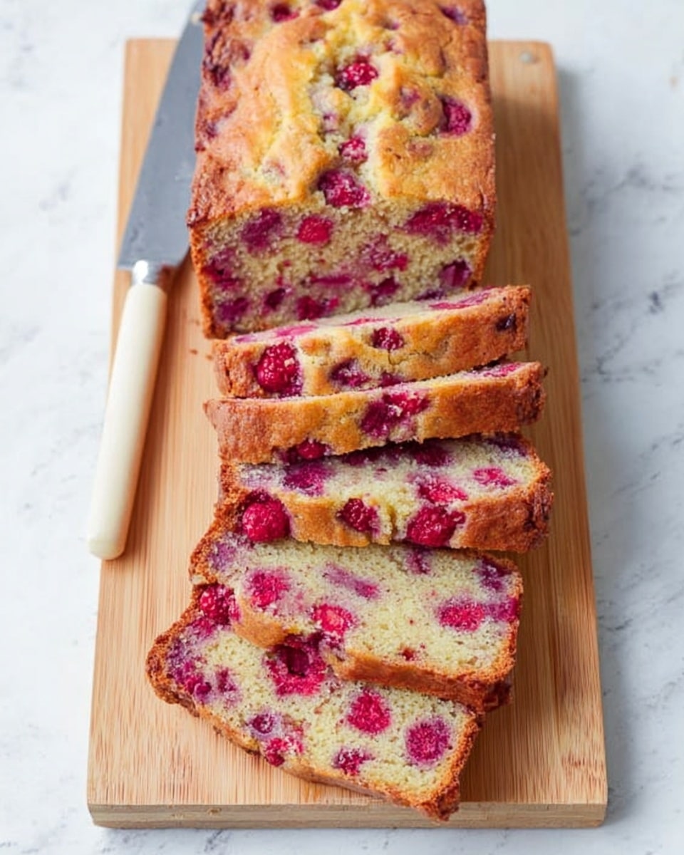The image shows several slices of a berry loaf cake arranged in a row on a white marbled surface. Each slice has two main layers: a golden-brown baked crust forming the outer edges, and a soft, light beige inside filled with deep red and purple berries scattered throughout. Some berries are whole while others are slightly broken, creating spots of juicy color inside the bread. The top of the loaf is dusted with a thin layer of white powdered sugar, adding a light texture over the crust. The slices appear moist with a slightly crumbly texture around the edges. photo taken with an iphone --ar 4:5 --v 7