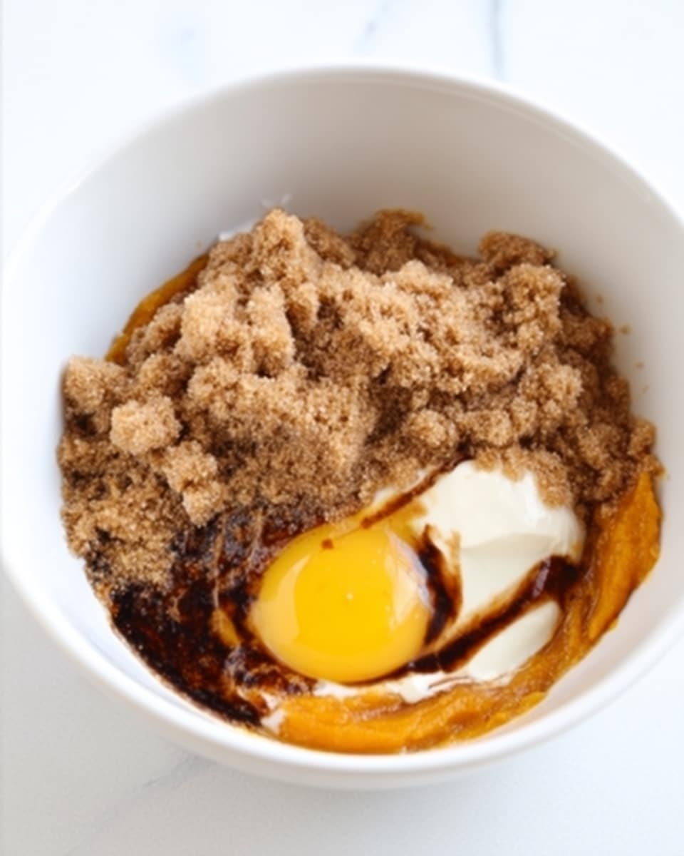 A white bowl on a white marbled surface holds several ingredients layered together. At the bottom there is a thick orange layer that looks like pumpkin puree. On top of this are wet, dark brown syrup streaks and a broken raw egg yolk with a shiny bright yellow color. Around the yolk is a small dollop of creamy white substance, likely sour cream or yogurt. Covering much of the mixture is a large pile of soft brown sugar with a light, crumbly texture. The ingredients have not been mixed, showing clear separate layers. Photo taken with an iphone --ar 4:5 --v 7