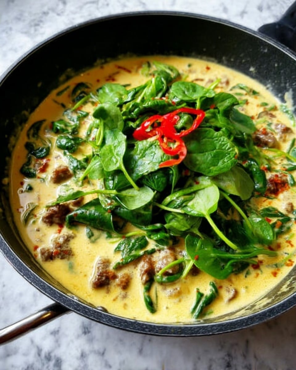 A black pan filled with creamy yellow sauce that has small pieces of brown meat mixed in, topped with a large pile of fresh green spinach leaves and a few thin slices of red chili pepper. The pan sits on a white marbled surface. photo taken with an iphone --ar 4:5 --v 7