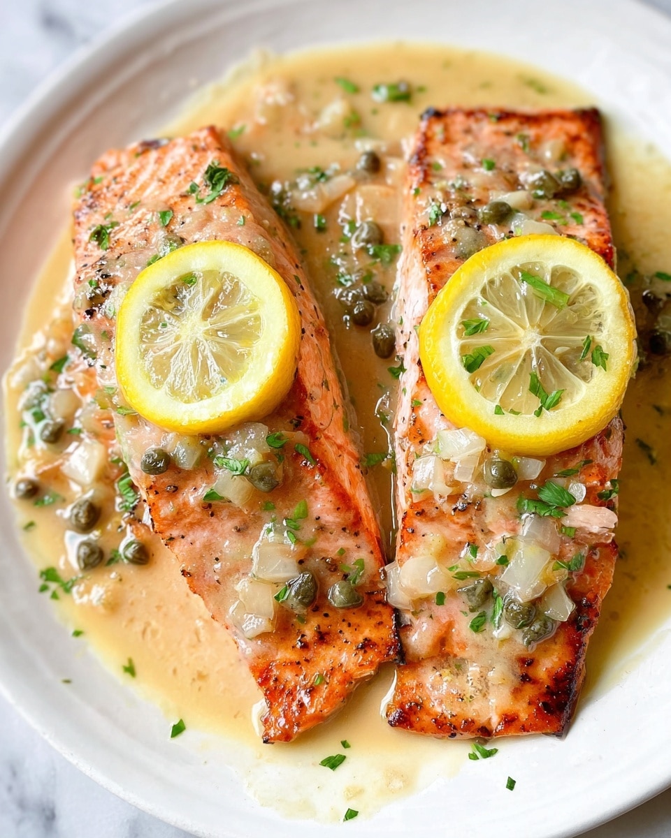Three pieces of cooked salmon are placed on a white plate with a white marbled surface background. Each salmon piece is topped with thin slices of yellow lemon and a sauce made of light-colored onions, small green capers, and chopped green herbs, giving a fresh and textured look. The sauce glistens over the salmon, pooling slightly around the edges. The salmon has a light orange and pink color with slightly browned edges. Photo taken with an iphone --ar 4:5 --v 7
