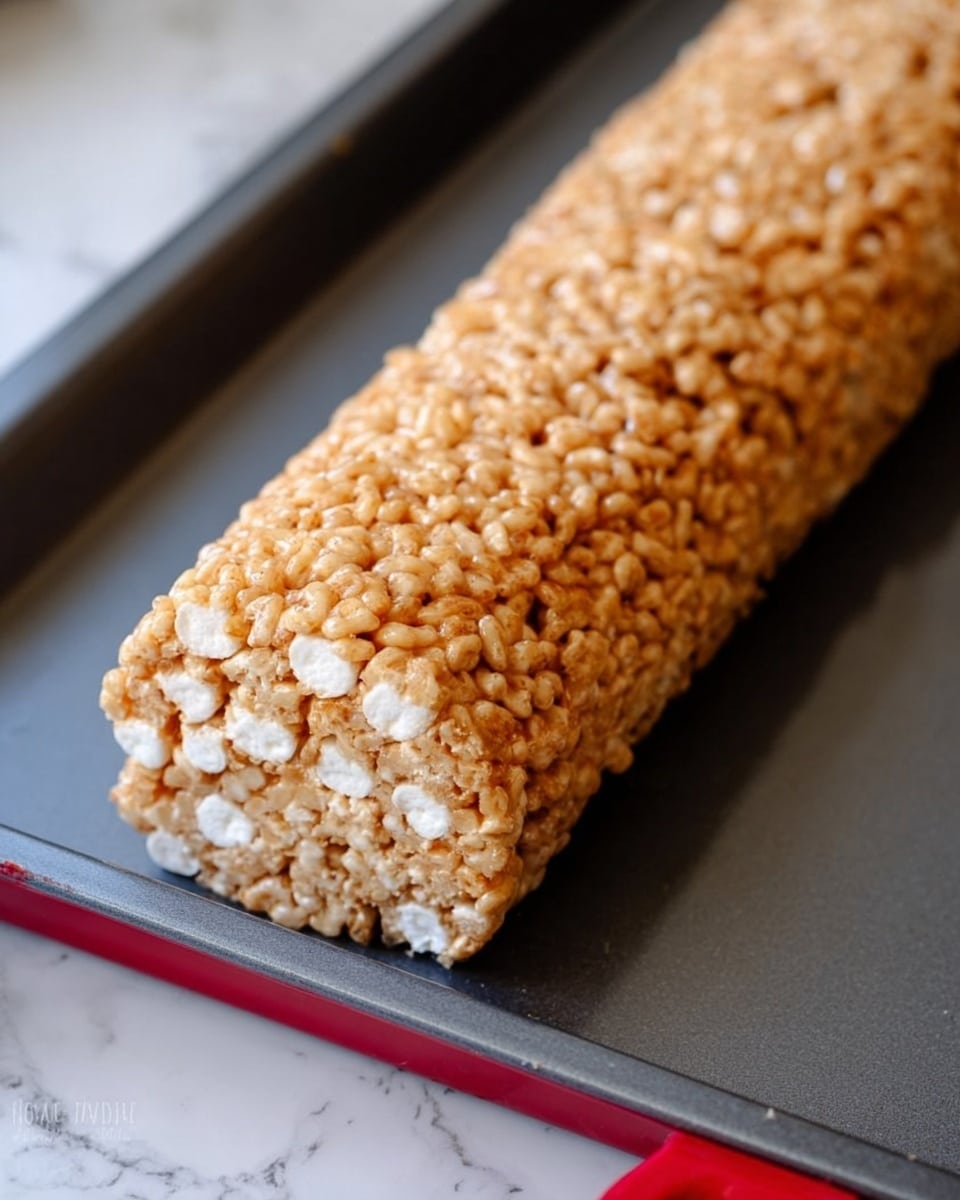 The image shows a single rolled log of crispy rice treat on a dark gray baking sheet with a red handle tab on the right side. The texture of the treat is bumpy and sticky, made from light brown crispy rice cereal mixed with white marshmallow pieces. The log is cylindrical and compact, stretching across the length of the baking sheet. The background surface is a white marbled texture. photo taken with an iphone --ar 4:5 --v 7