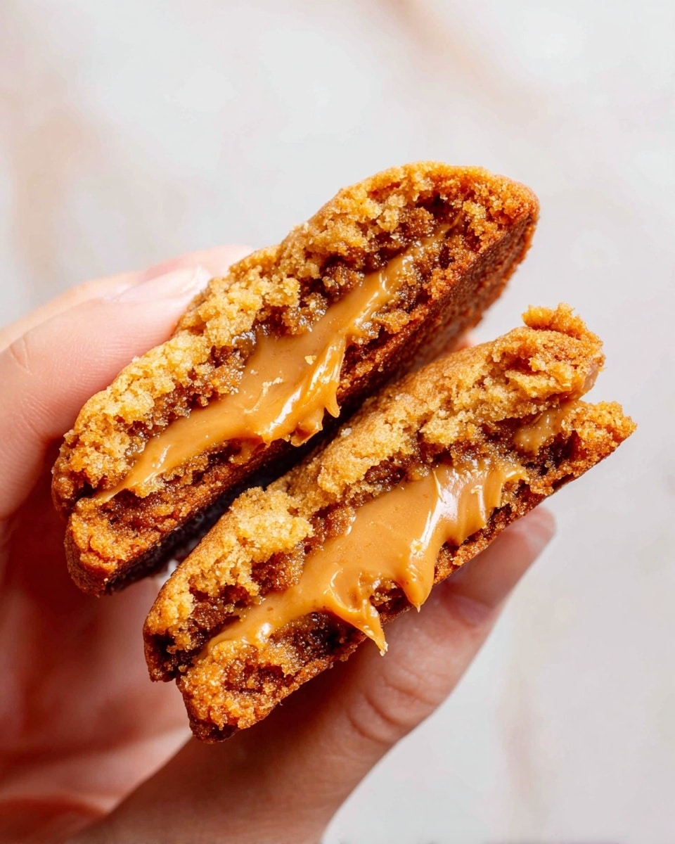 Two golden brown cookie halves are held closely together by a person's fingers, revealing a thick, melted caramel layer inside. The cookie edges are crunchy and crumbly, with a soft, gooey center surrounding the caramel. The warm caramel oozes slightly, contrasting with the darker crisp outer parts of the cookie. The background is a white marbled texture, creating a clean and bright setting. photo taken with an iphone --ar 4:5 --v 7