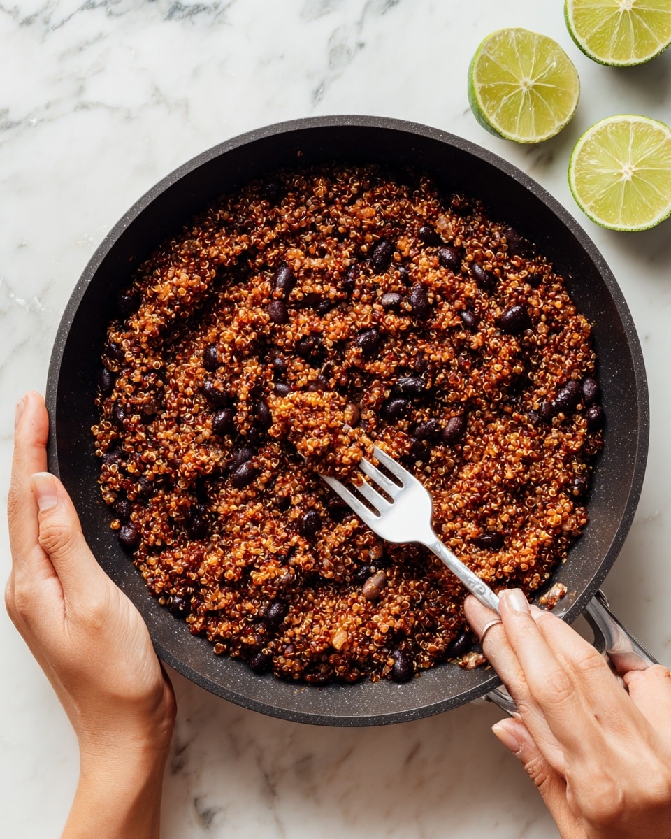 A black pan filled with a single layer of cooked reddish-brown quinoa mixed with small pieces of darker brown mushrooms and black beans, showing a crumbly texture. The woman's hand holds a white fork mixing the quinoa gently inside the pan, while the other woman's hand holds the pan handle. The pan is placed on a white marbled surface, with two cut lime halves visible on the top right side. Photo taken with an iphone --ar 4:5 --v 7