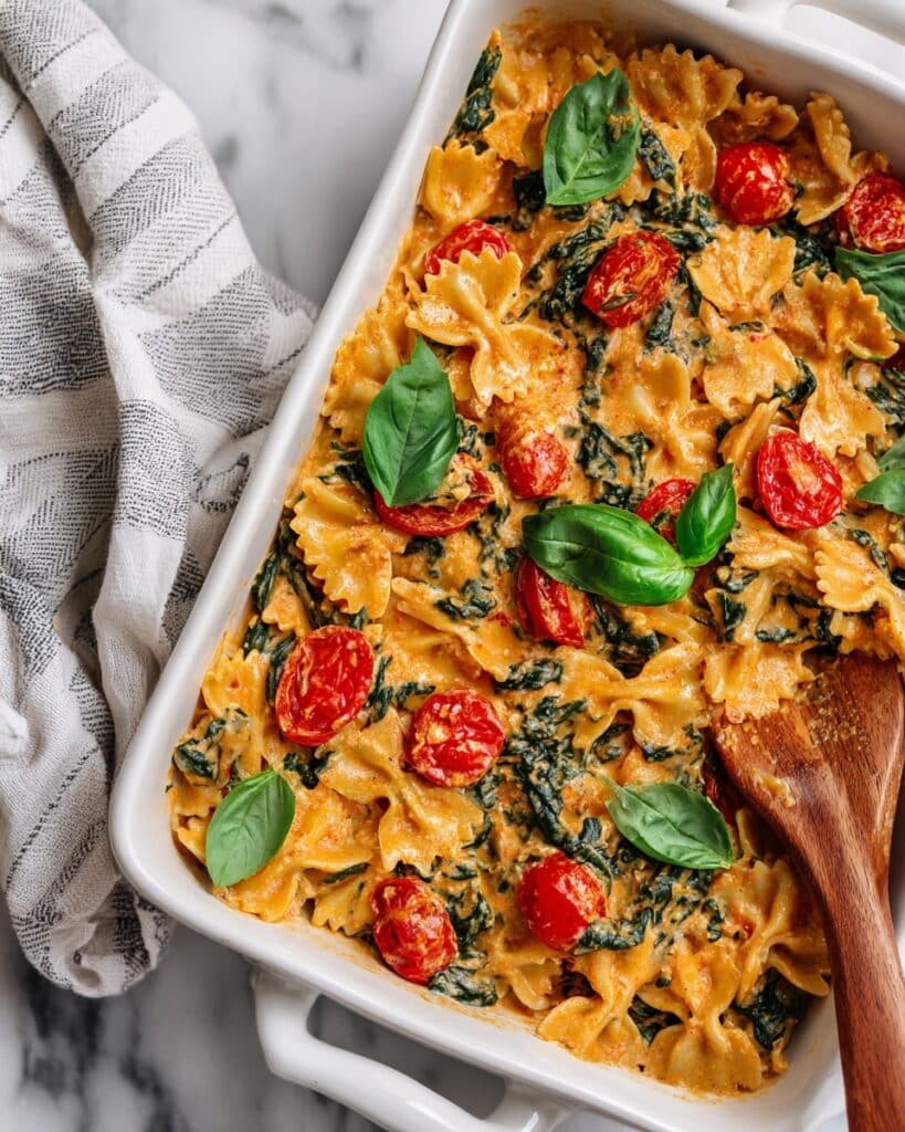 Cream Cheese Pasta Bake with Cherry Tomatoes and Spinach Recipe