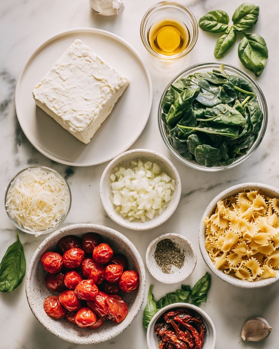 Several bowls and plates with cooking ingredients are arranged on a white marbled surface. In the top left, a white plate holds a large block of smooth cream cheese. To its right, a small white ramekin contains a clear golden liquid, and beside it is a glass bowl filled with fresh, bright green spinach leaves. Below these are a white ramekin with chopped white onions and a small glass bowl with minced garlic. In the lower left, a speckled white bowl is full of vibrant red cherry tomatoes, and to the right, another speckled white bowl holds dry yellow bow-tie pasta. Sprigs of fresh basil leaves also appear on the surface. Small bowls near the bottom contain salt, ground black pepper, and dried herbs while another ramekin in the center holds sun-dried tomatoes in oil. Photo taken with an iphone --ar 4:5 --v 7