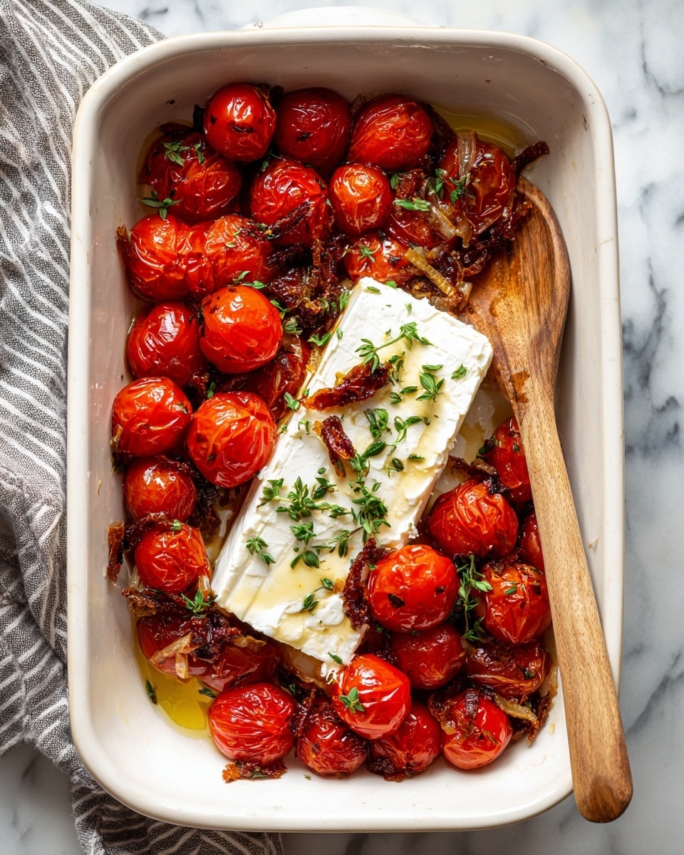 A white rectangular baking dish filled with one block of white cream cheese placed in the center, surrounded by a single layer of bright red cherry tomatoes scattered evenly around the cheese. Beneath and around the tomatoes and cheese, there is a visible mix of finely chopped light beige onions and small dark brown sun-dried tomato pieces, all coated with a sheen of olive oil. A light brown wooden spoon rests on the right side inside the dish, partially covering some onions. The dish sits on a white marbled surface with a gray and white striped cloth partially visible on the left side. Photo taken with an iphone --ar 4:5 --v 7