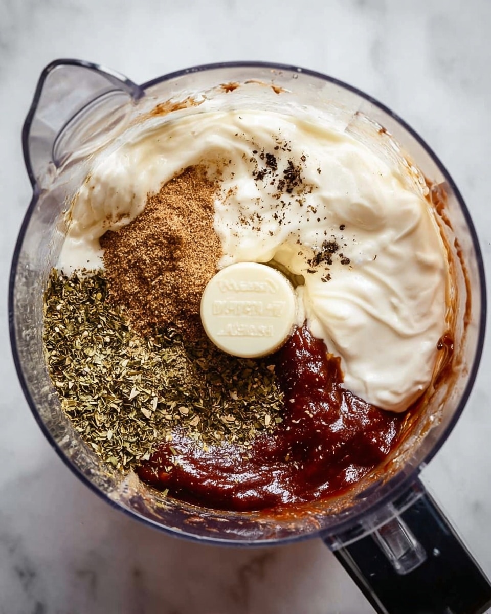 The image shows a clear food processor bowl with various ingredients inside, viewed from above. In the bowl, there is a large layer of creamy white yogurt mixing with some deep red thick sauce on one side. Near the yogurt and sauce, there is a pile of dried green herbs, slightly leafy and coarse. Next to the herbs, there is a dark brown powdery spice along with scattered black pepper on the creamy layer. The ingredients create a mix of creamy, wet, and dry textures, all sitting together but not yet blended. The background is a white marbled surface. photo taken with an iphone --ar 4:5 --v 7