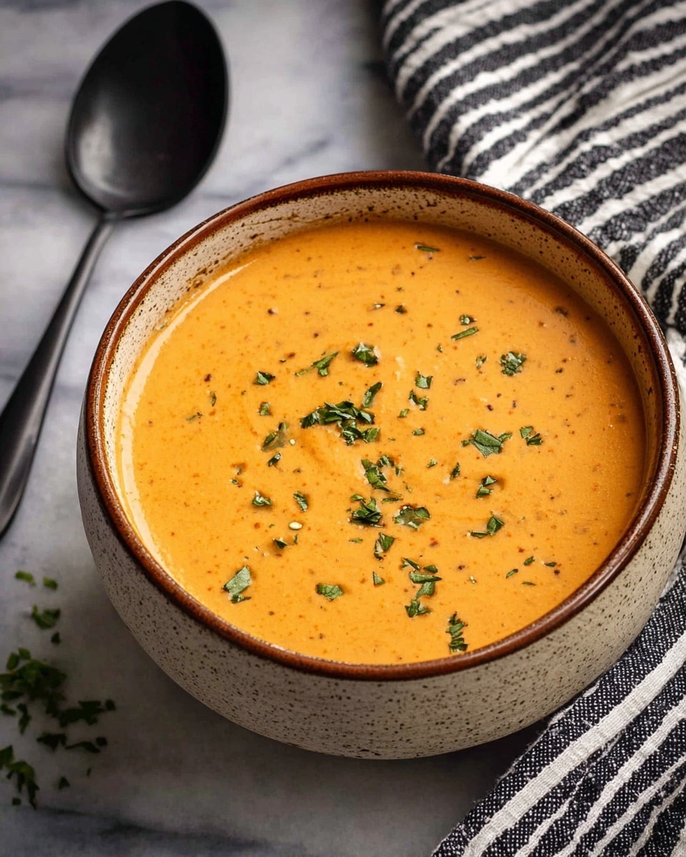 A close-up view of an orange creamy soup with small green herb pieces on the surface, shown in a white bowl on a white marbled surface. In the foreground, a spoon with the same soup and herbs is held by a woman's hand, showing a thick texture with smooth and small chunky bits. The background is softly blurred, keeping the focus on the spoon and bowl. photo taken with an iphone --ar 4:5 --v 7