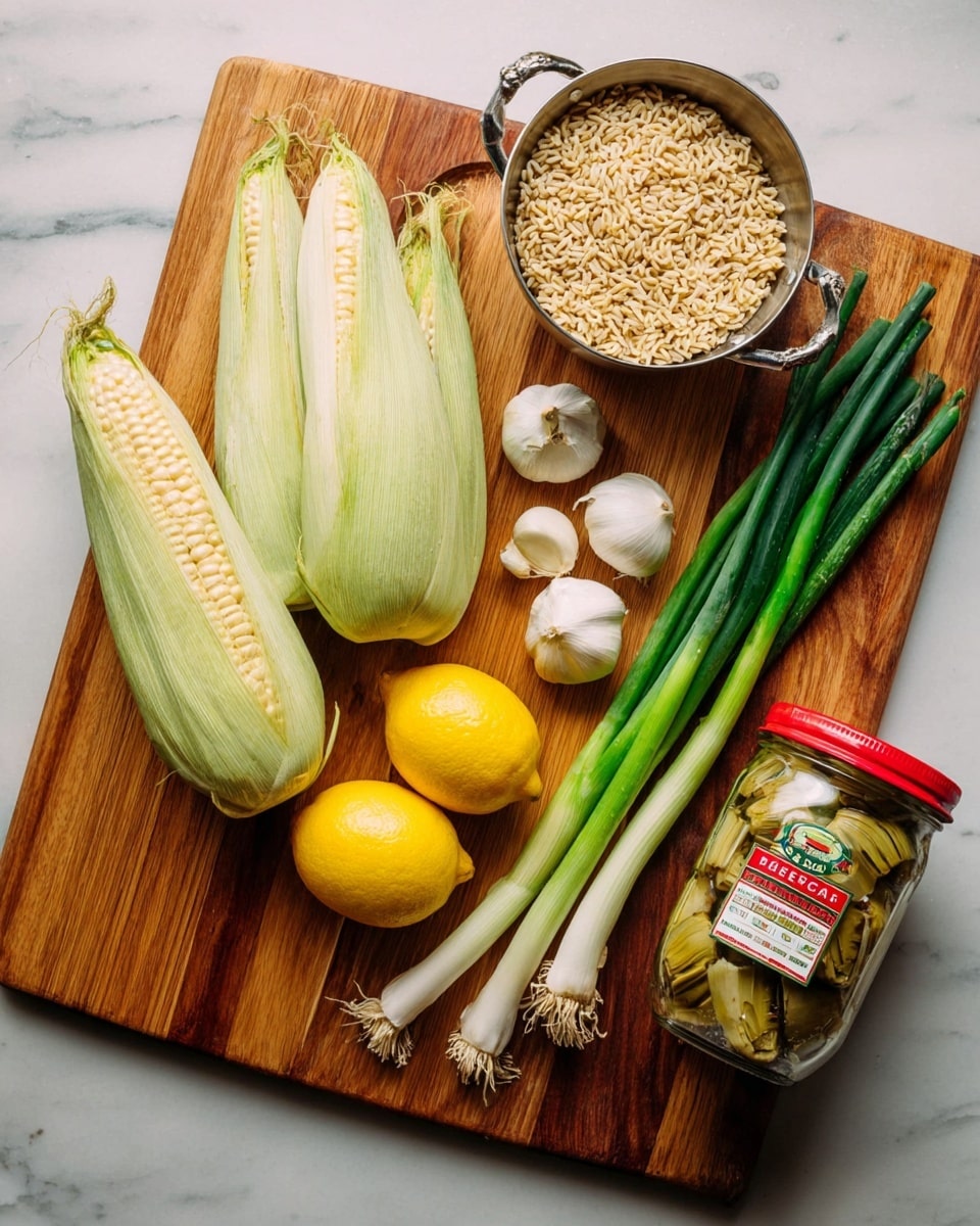 A wooden cutting board lies on a white marbled surface, holding fresh ingredients. On the left, there are three whole ears of corn with pale green husks. Next to them is a metal measuring cup filled with uncooked orzo pasta, beige in color. Two whole bright yellow lemons sit near the center. To their right, five small white garlic cloves are placed. Further right, a bunch of green onions with long green stalks and white bulbs are arranged lying down. On the far right, there is a clear glass jar with a red lid filled with grilled artichoke hearts in liquid, featuring a red and green label. Photo taken with an iphone --ar 4:5 --v 7