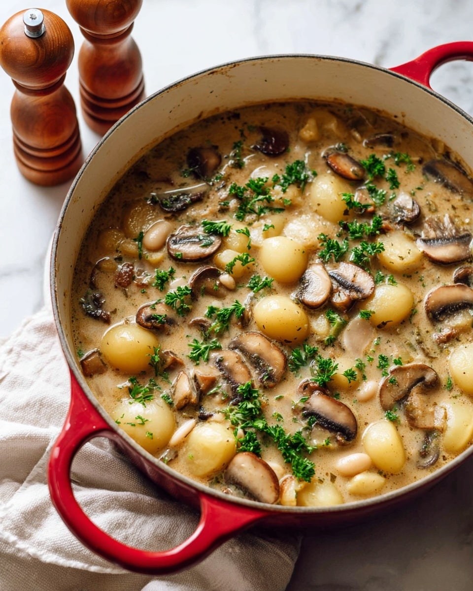A brown bowl filled with a stew made of three main layers: the bottom layer is a light brown broth, the middle layer consists of pale yellow potato chunks and white beans spread evenly, and the top layer has sliced brown mushrooms and chopped green herbs sprinkled all over for color contrast. The bowl sits on a soft off-white cloth on a white marbled surface. Near the bowl is a wooden spoon and a wooden pepper grinder blurred in the background. Photo taken with an iphone --ar 4:5 --v 7